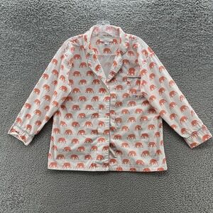 Marigot Pajama Top Womens Medium White Elephant Print Cotton Long Sleeve Lounge